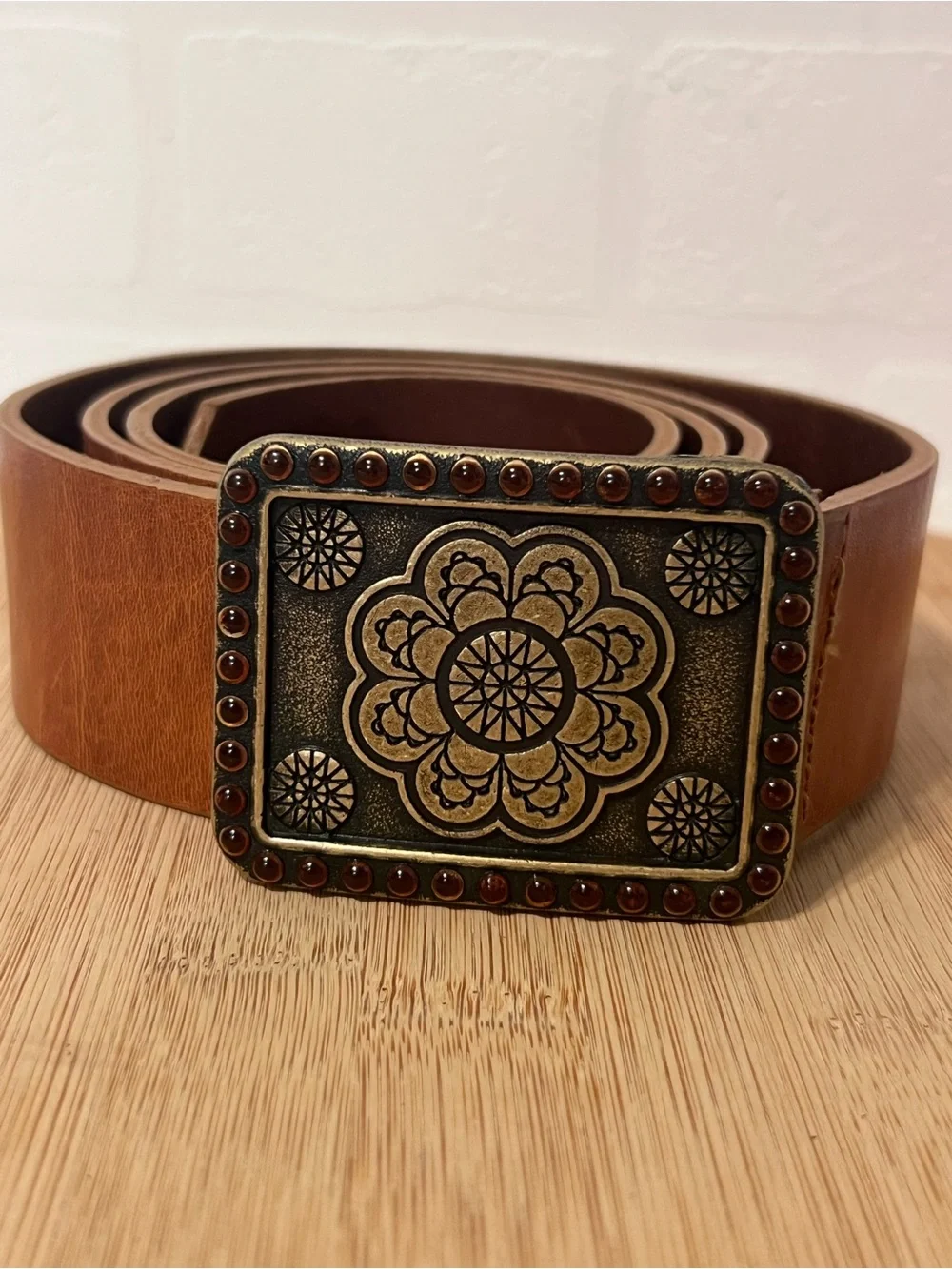 Vintage Cognac Brown Leather Belt with Antiqued Floral Buckle | Boho Western
